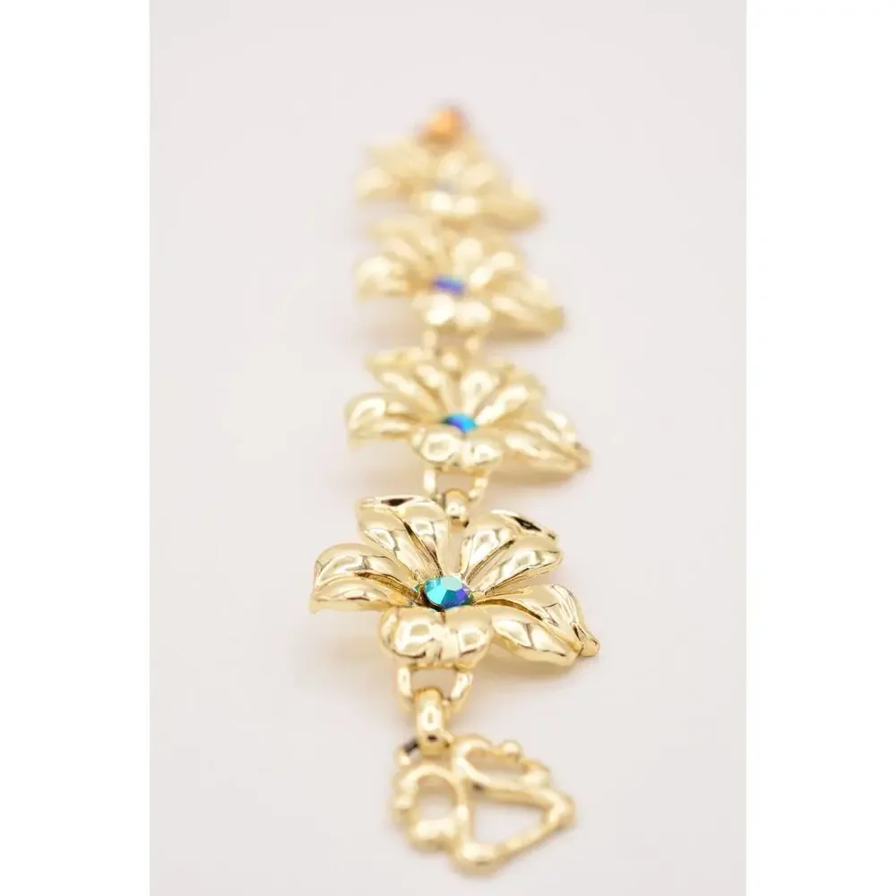 Vintage Crystal Flower Bracelet AB Blue Gold Tone Linked Chunky 1980s BinD